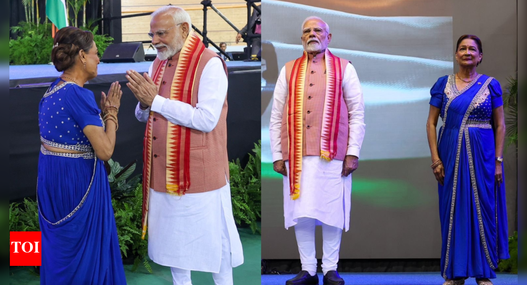 ‘bihar-ki-beti’:-pm-modi-hails-ancestral-ties-of-trinidad-and-tobago-pm-kamla-persad;-welcomed-with-bhojpuri-chautaal