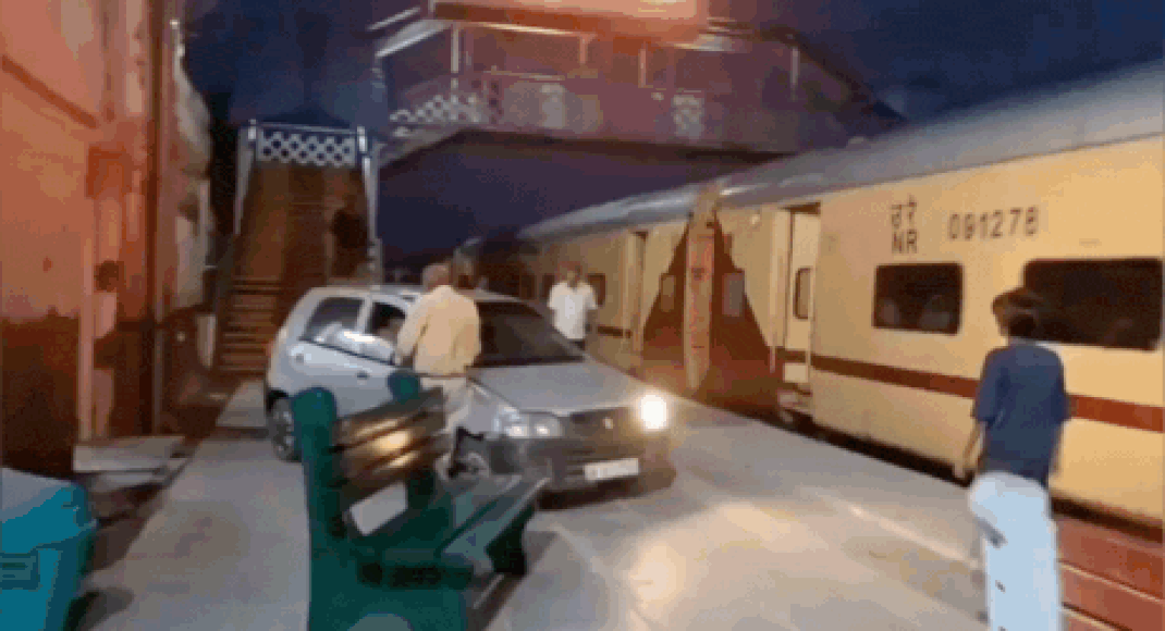 watch:-drunk-man-drives-car-onto-meerut-railway-platform,-narrowly-misses-train;-arrested