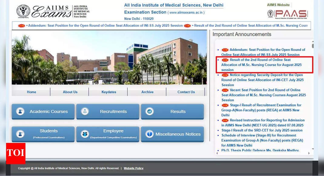 aiims-cre-2025:-msc-nursing-seat-allotment-2nd-round-result-out-at-aiimsexamsac.in,-reporting-begins-11-august