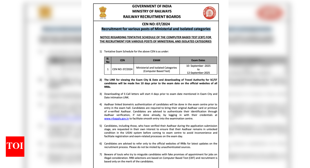 rrb-exam-schedule-for-ministerial-and-isolated-posts-2025-released-at-rrbcdggov.in:-check-important-dates-here