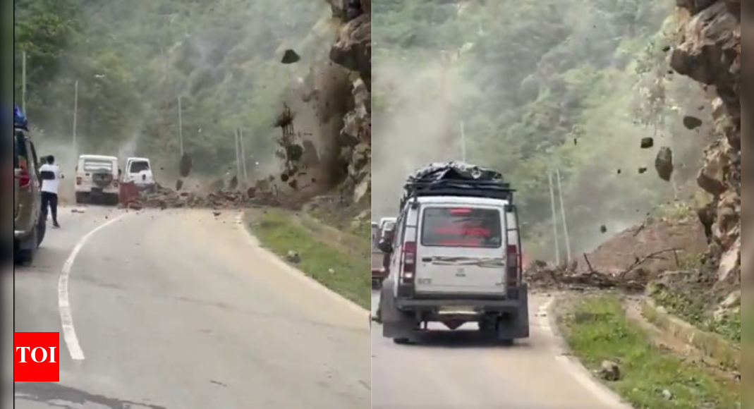 watch:-commuters-flee-as-rocks-fall-in-arunachal;-border-route-blocked-by-landslide