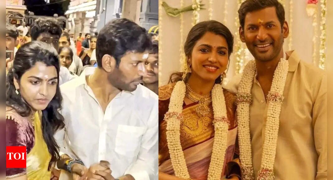 vishal-announces-‘no-kissing’-onscreen-policy-post-engagement-with-sai-dhanshika,-the-couple-visits-vadapalani-murugan-temple