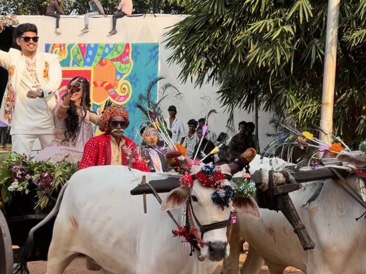 cm’s-son,-his-fiancee-makes-bullock-cart-entry-at-wedding-event:’sangeet’-to-be-held-tonight-in-ujjain;-couple-to-take-‘seven-pheras’-at-mass-ceremony-tomorrow