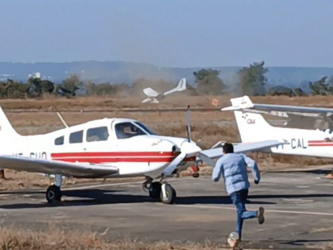 another-trainer-aircraft-crashes-in-mp:plane-loses-balance-on-runway-during-landing;-trainee-pilot-rescued-safely