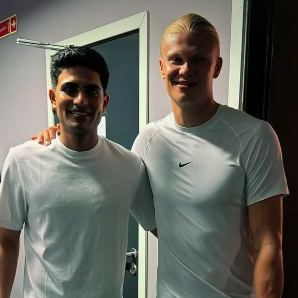 india-captain-shubman-gill-meets-norwegian-footballer-erling-haaland:gill-gifts-jersey-to-manchester-city-striker-while-erling-presents-signed-shoe
