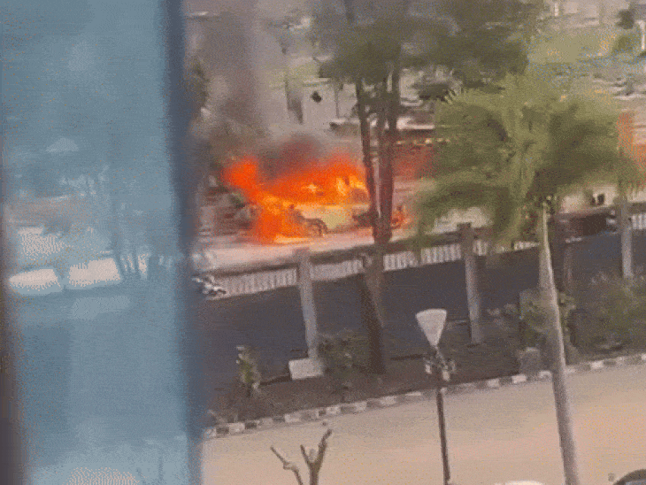 car-catches-fire-near-it-park-in-indore:5-onboard,-including-3-children,-jump-out-safely;-owner-says,-‘vehicle-was-4–5-years-old’