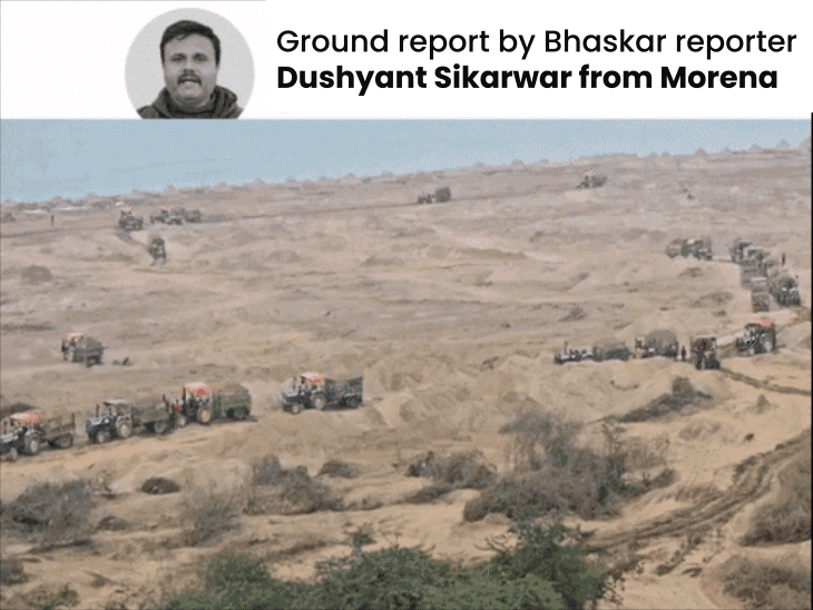 open-illegal-mining-in-chambal,-video-surfaces:over-100-tractors-dumpers-seen;-jcbs-hollow-riverbed,-sand-stacked-unchecked