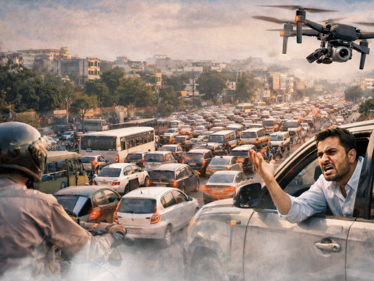 roads-choke-again-during-peak-hours-in-indore:drone-traffic-control-claims-fail;-long-jams-leave-commuters-stuck