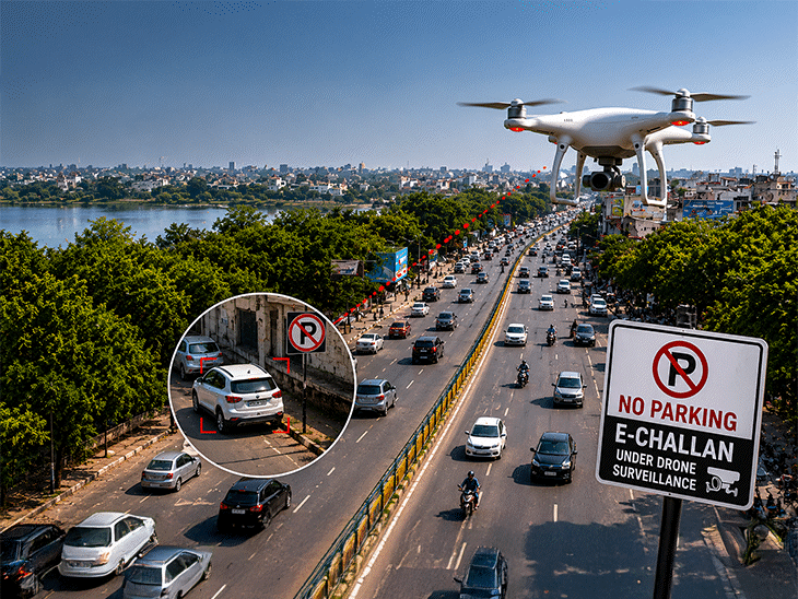 no-parking-violators-under-drone-watch:bhopal-police-issuing-e-challans,-75-booked-in-month-long-surveillance