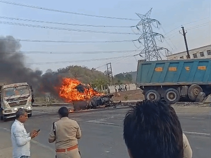 car-collides-with-dumper,-catches-fire:2-burnt-alive-in-jabalpur-crash,-video-surfaces