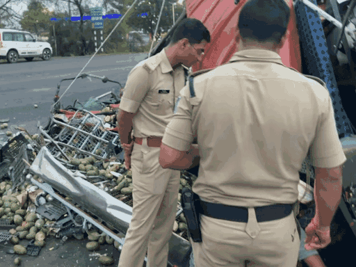 video-|-agra-mumbai-highway-25km-jam-ends-after-11-hours:passengers-remain-hungry-and-thirsty;-mango-laden-eicher-overturns